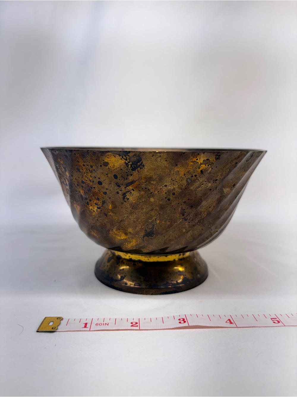 Vintage Heavy Brass Swirl Pedestal Bowl Dark Moody Patina